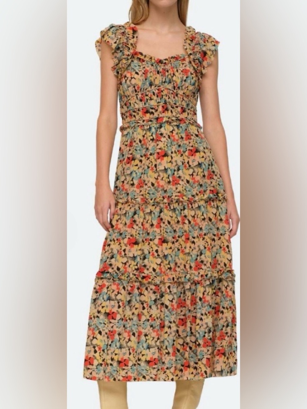 Sea New York Floral Tiered Maxi Skirt in Beige with Coral & Teal Accents